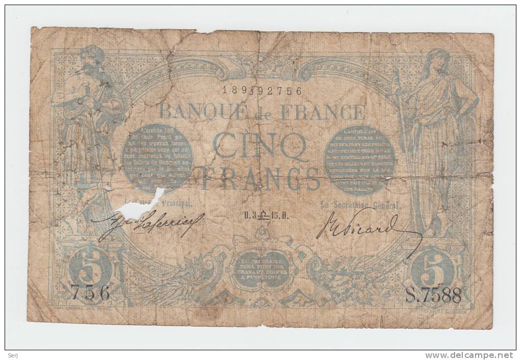 France 5 Francs 1915 "G" RARE Banknote P 70 - 5 F 1912-1917 ''Bleu''