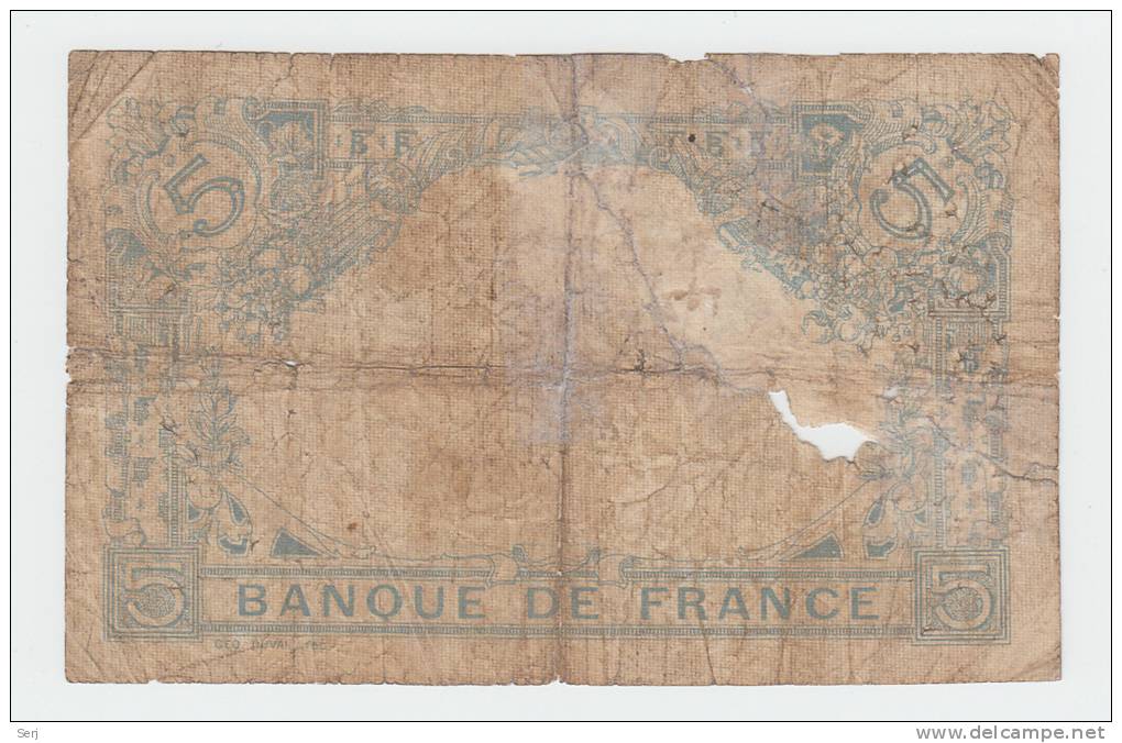 France 5 Francs 1915 "G" RARE Banknote P 70 - 5 F 1912-1917 ''Bleu''