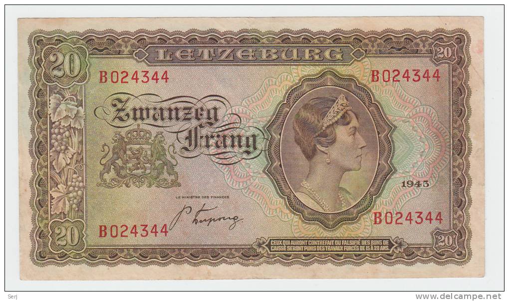 Luxembourg 20 Francs 1943 VF++ Crispy Banknote P 42 - Luxemburg
