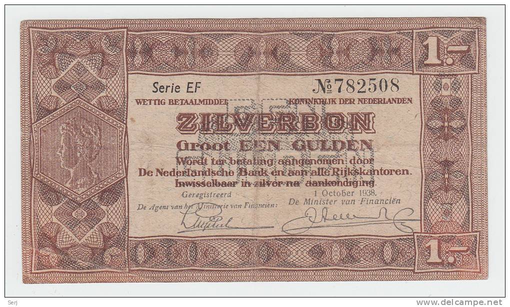 Netherlands 1 Gulden Zilverbon 1938 VF - 1 Florín Holandés (gulden)