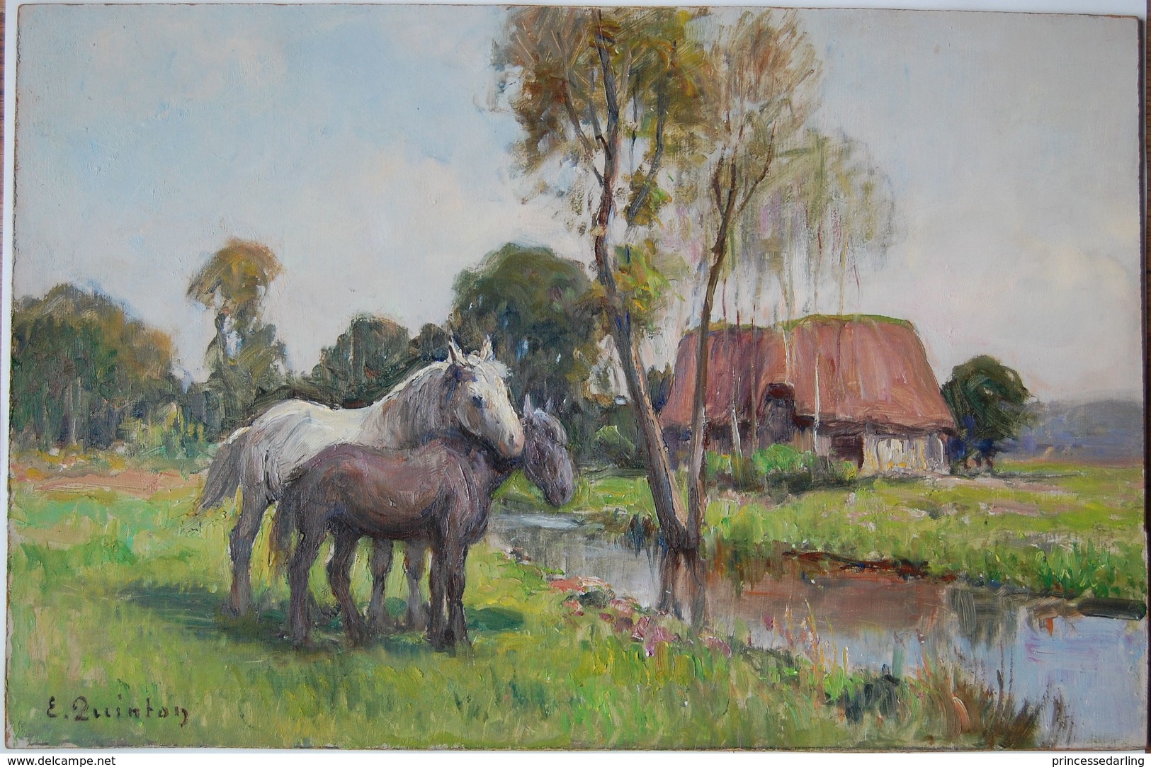 Tableau Huile Edmond Quinton Chevaux Rivière Campagne Paysage - Olieverf