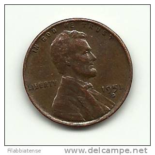 1951 - Stati Uniti 1 Cent D       ------- - 1909-1958: Lincoln, Wheat Ears Reverse