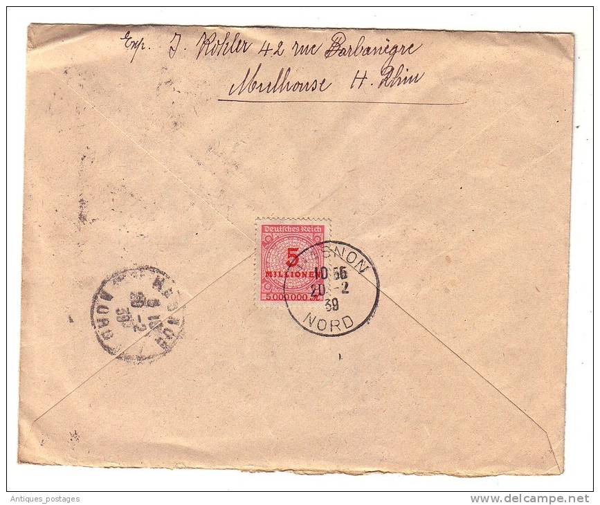 Recommandé Mulhouse Rue De L'Espéance Hasnon Nord Semeuse 45c Et Type Paix 1939 - Lettres & Documents