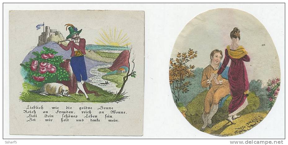 Glückwunschblätter (2 Stück) 1800-Zahl Koloriert Ca. 8 X 8 Cm - Sonstige & Ohne Zuordnung