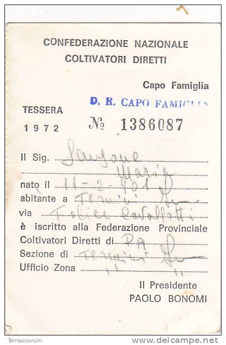 T2- Tessera Confederazione Nazionale Coltivatori Diretti 1972 - Other & Unclassified