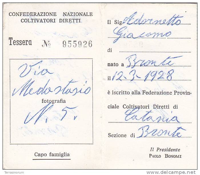 T7- Tessera Confederazione Nazionale Coltivatori Diretti  1968 - Other & Unclassified