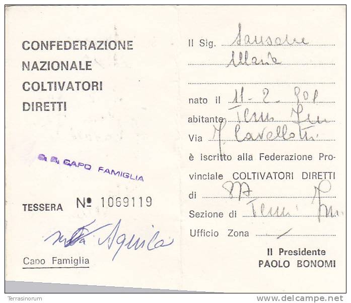 T11- Tessera Confederazione Nazionale Coltivatori Diretti  1974 - Autres & Non Classés