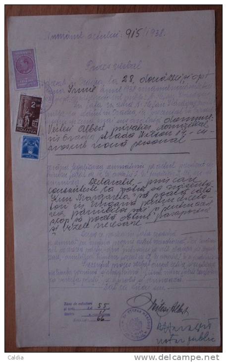 Roumanie Romania Rumänien Acte Notaire Période "Carol" # 3 Timbres / STAMPS - Documents Historiques