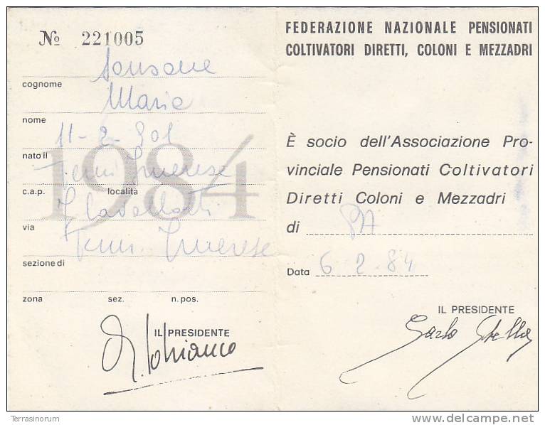 T16- Tessera Confederazione Italiana Coltivatori 1984 - Altri & Non Classificati