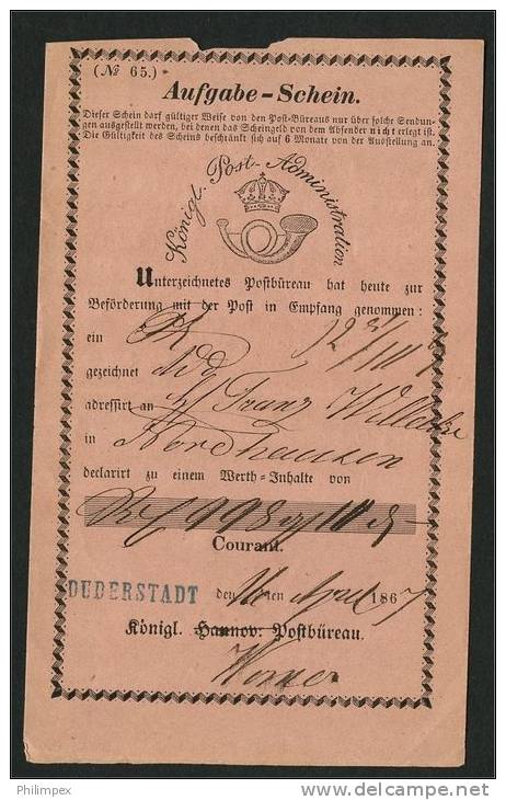 GERMANY, 5 RECEIPTS DUDERSTADT1862-76 ALL USED F/VF - Hannover