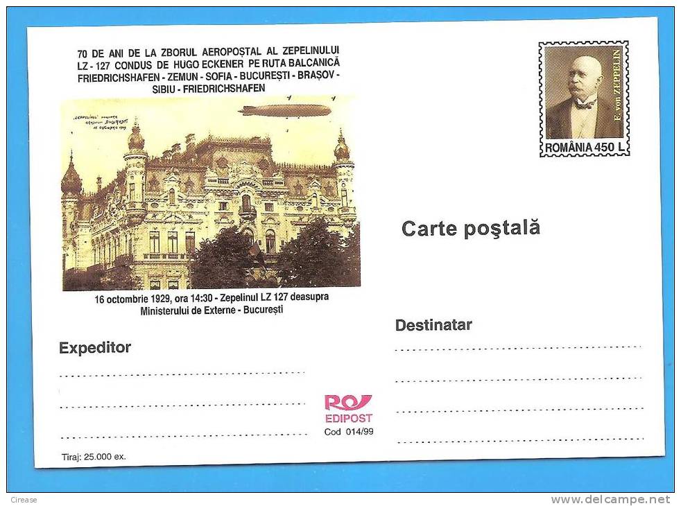 LZ 127 Led By Hugo Eckener, F. Von ZEPPELIN ROMANIA Postal Stationery Postcard 1999 - Zeppelins