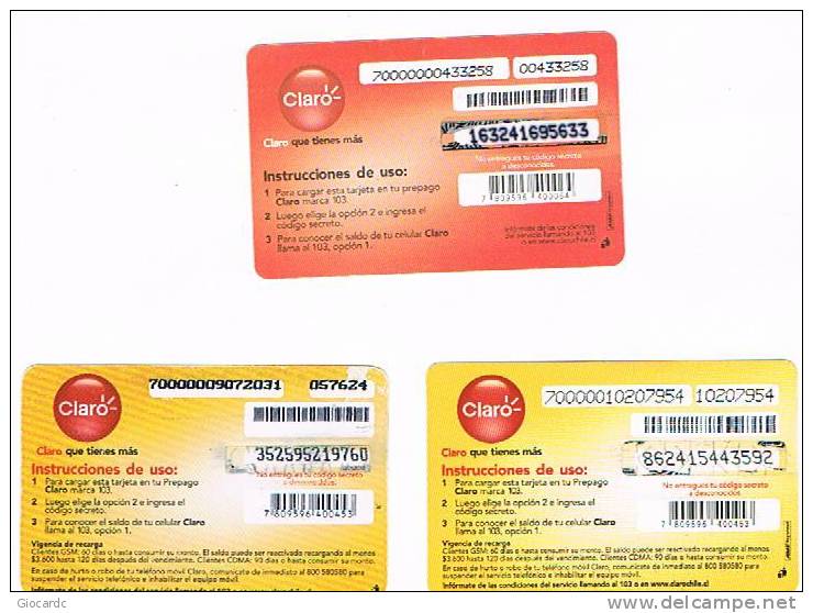 CILE (CHILE) - CLARO  (RECHARGE GSM) -  LOT OF 3 DIFFERENT            - USED   -  RIF. 437 - Chili