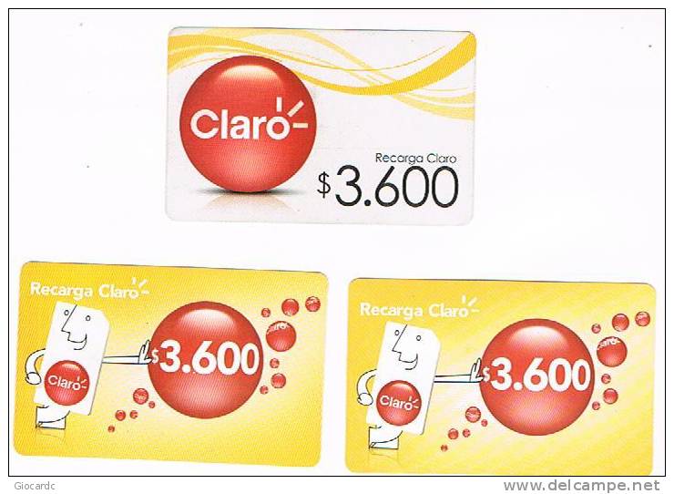 CILE (CHILE) - CLARO  (RECHARGE GSM) -  3.600: LOT OF 3 DIFFERENT            - USED   - RIF 438 - Chile