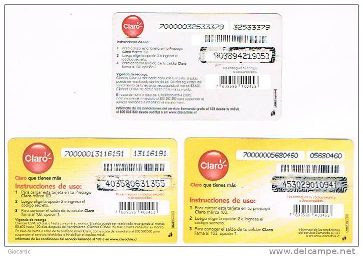 CILE (CHILE) - CLARO  (RECHARGE GSM) -  3.600: LOT OF 3 DIFFERENT            - USED   - RIF 438 - Chili