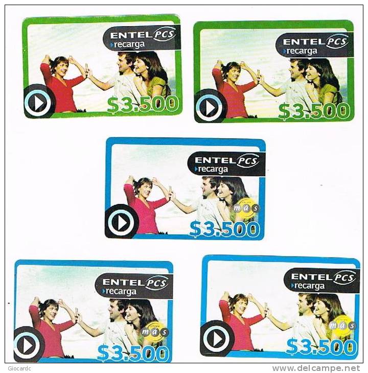 CILE (CHILE) -  ENTEL    (RECHARGE GSM) -  RECARGA: LOT OF 5 DIFFERENT  - USED -  RIF.   434             . - Chile
