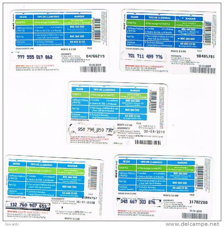 CILE (CHILE) -  ENTEL    (RECHARGE GSM) -  RECARGA: LOT OF 5 DIFFERENT  - USED -  RIF.   434             . - Chili