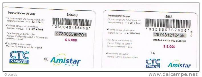 CILE (CHILE) -  CTC STARTEL  (RECHARGE GSM) -  AMISTAR 5000: LOT OF 2 DIFFERENT             - USED  -  RIF. 452 - Chili