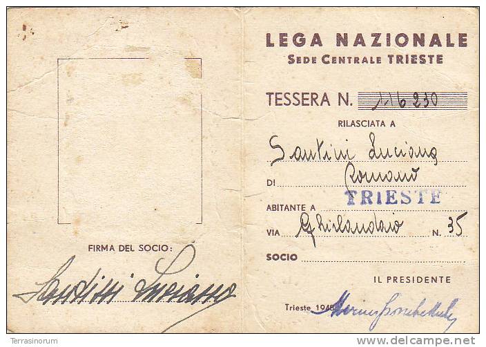 T22- Rara Tessera Lega Nazionale 1947 - Trieste - Autres & Non Classés