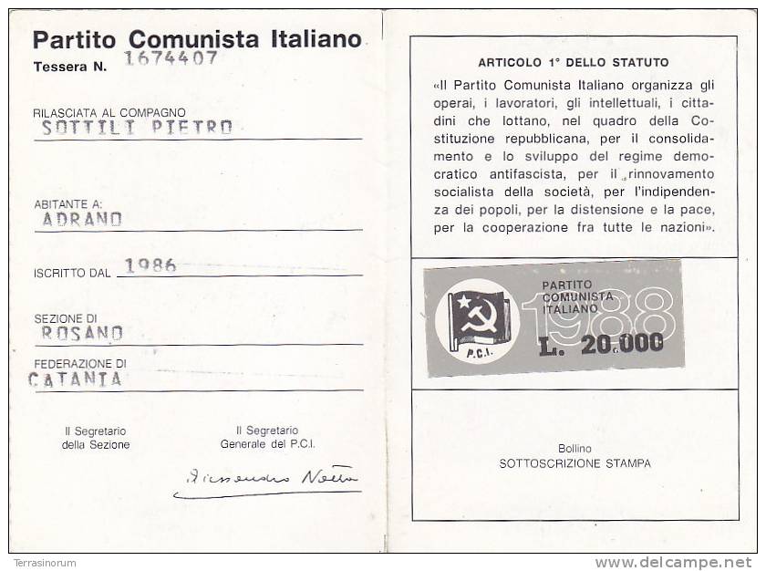 T29- Tessera Partito Comunista Italiano 1988 Completo Di Bollini - Altri & Non Classificati