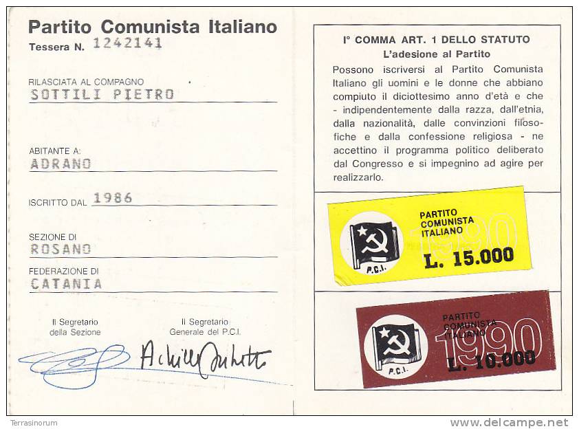 T31- Tessera Partito Comunista Italiano 1990 Completo Di Bollini - Andere & Zonder Classificatie