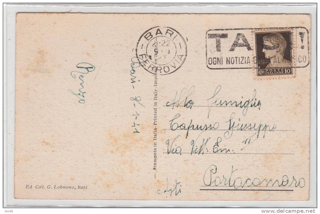 BARI PUGLI PLAZZO DI CITTA' VG 1941 X PORTACOMARO ASTI ORIGINALE D´EPOCA 100% - Bari