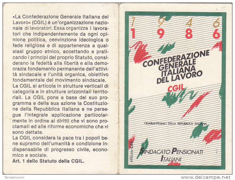 T47- Tessera CGIL 1986 - Autres & Non Classés