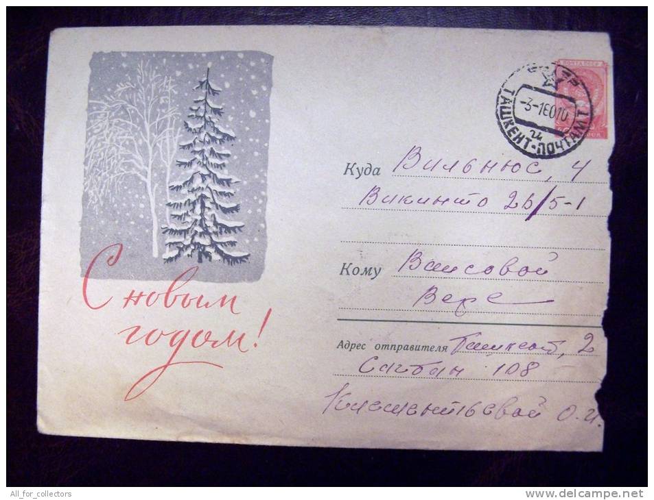 *66 Postal Stationery Sent From Uzbekistan Tashkent To Lithuania Vilnius On 1960 USSR New Year - Usbekistan