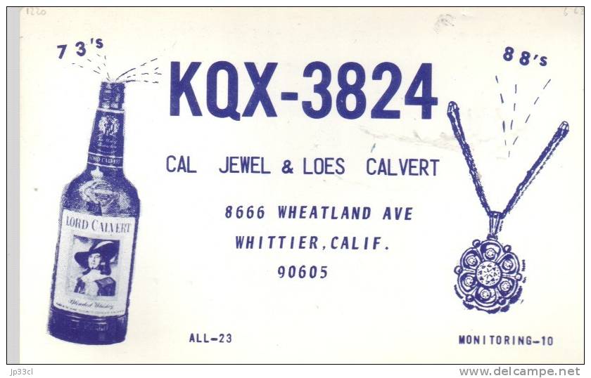 QSL Avec Bouteille De Whiskey Lord Calvert De KQX 3824 (Whittier, California) (1969) - CB
