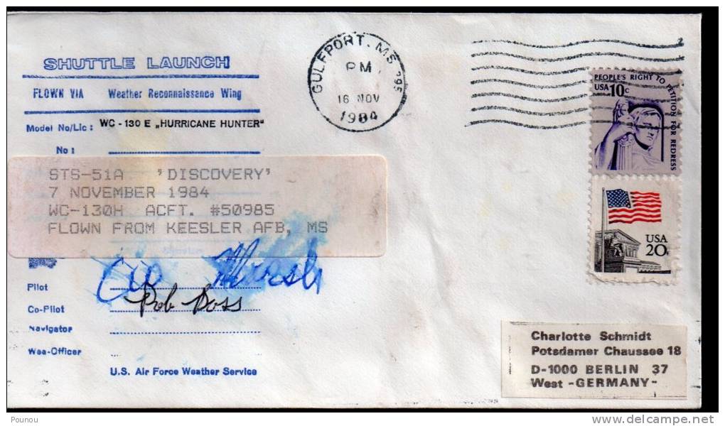 &#9733;US - STS 51A - DISCOVERY - FLOWN VIA WEATHER RECONNAISSANCE WING- SIGNED (6001) - United States