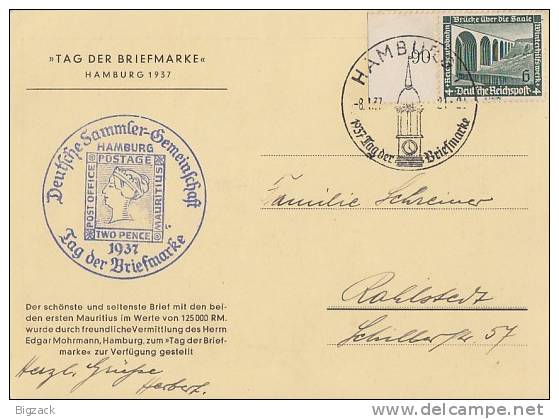 DR Sonderkarte Tag Der Briefmarke EF Minr.637 SR SST Hamburg 8.1.37 - Briefe U. Dokumente