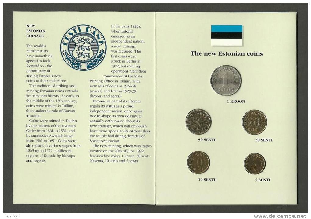 ESTLAND ESTONIA Estonie Münzen Im Folder First Official Coin Set Of Estonian Bank 1992 - Estonia