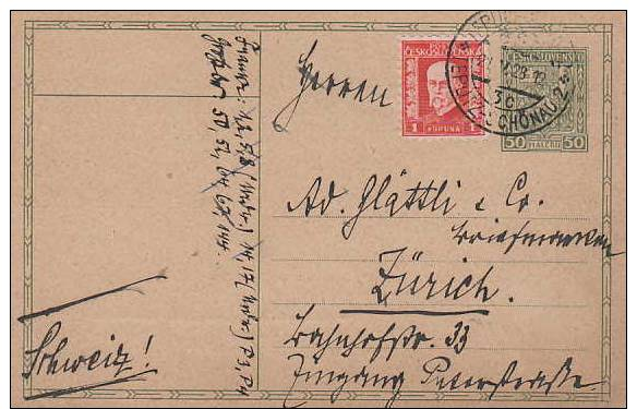 Czechoslovakia; Postal Card To Switzerland CDV 37 - Cartes Postales