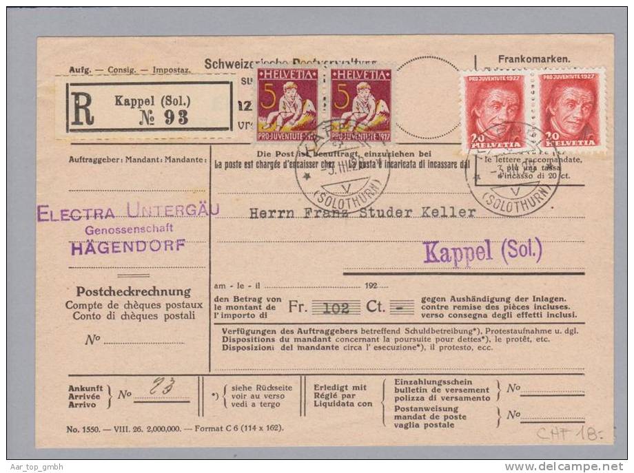 Heimat SO Kappel 1928-03-03 R-Einzugsmandat Mit Paaren Zu#PJ41+43 - Lettres & Documents