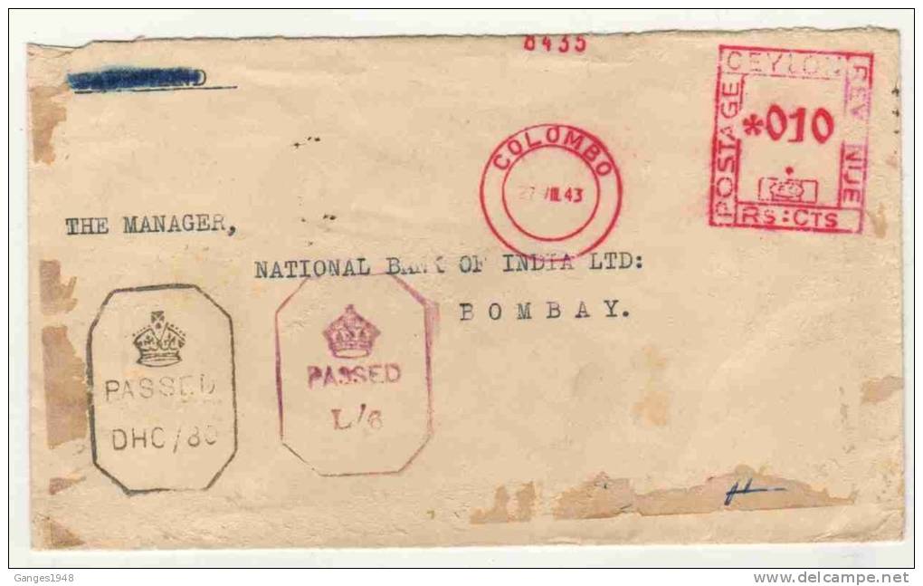 Ceylon  1943  Twice Censored  At Colombo & Bombay  Meter Cover To India # 32715d - Ceylan (...-1947)