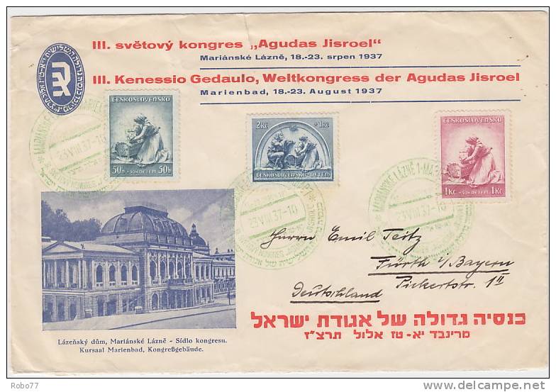 1937 Czechoslovakia Cover. Judaica. III. Svetovy Kongres Agudas Jisroel. Marianske Lazne. Rare!  (A06007) - Brieven En Documenten