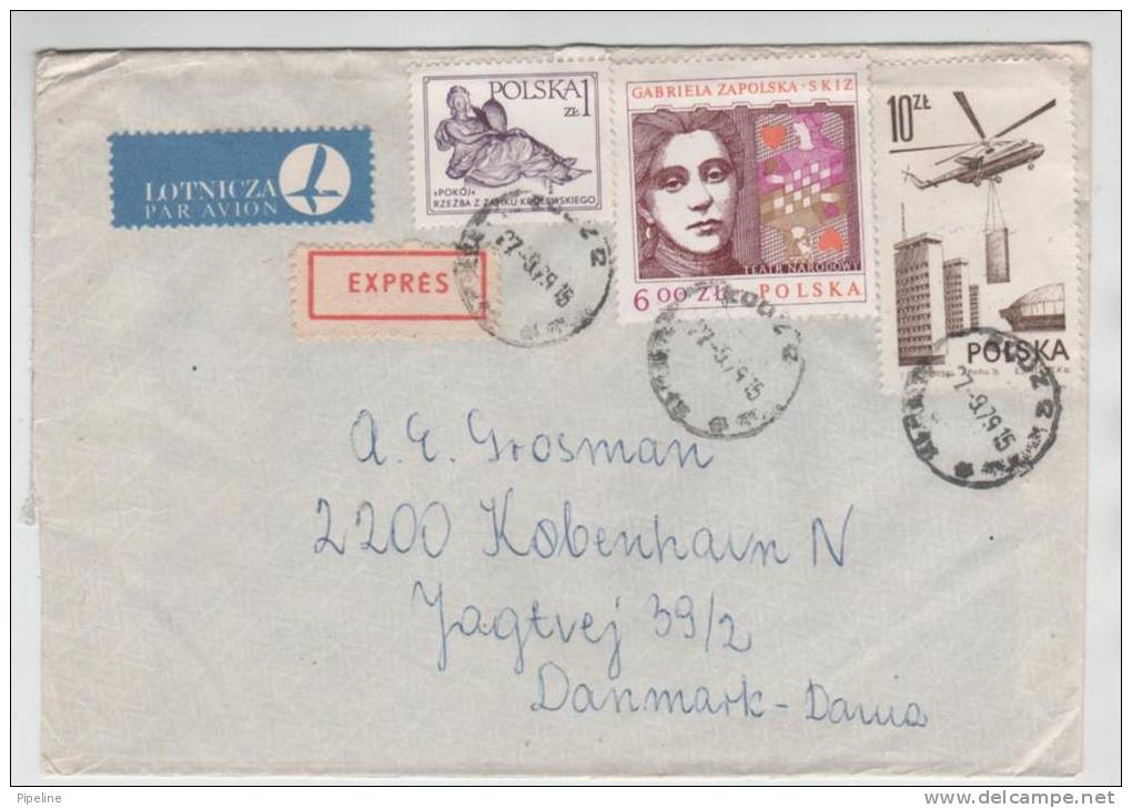 Poland Express Cover Sent Air Mail To Denmark Lodz 27-9-1979 Helicopter Stamp + Other - Covers & Documents