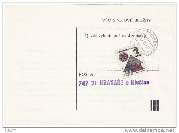 1987 Czechoslovakia, Postal Stationery. Kravare U Hlucina.  (B03115) - Briefe