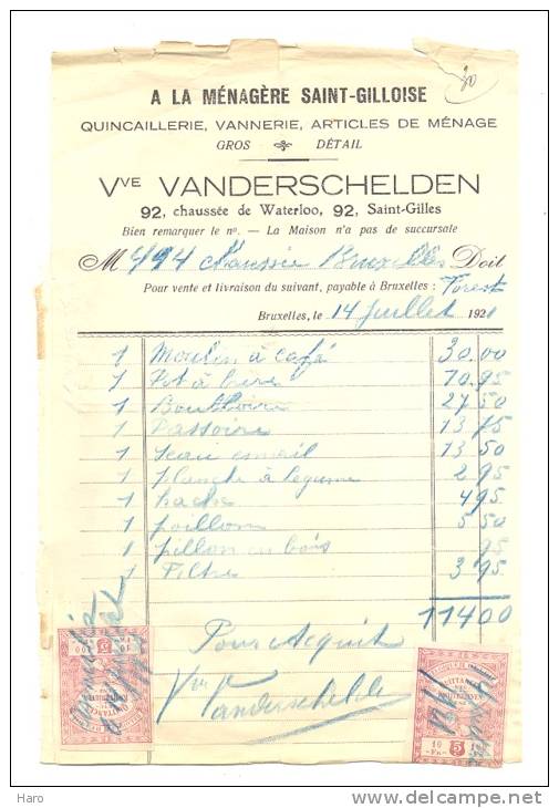 SAINT - GILLES - Bruxelles - Facture "A La Ménagère Saint-Gilloise" Vve Vander Schelden 1921- Quincaillerie,... - Autres & Non Classés