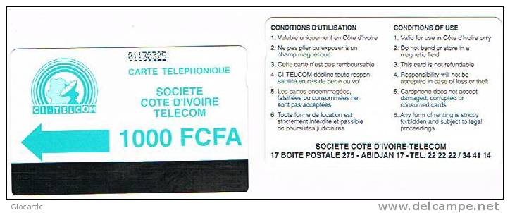 COSTA D'AVORIO  (IVORY COAST)  - CI TELCOM (AUTELCA) - 1994 GREEN LOGO 1000   - USED  -  RIF. 514 - Côte D'Ivoire