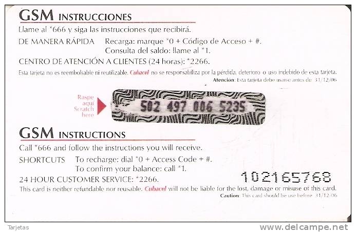 MOV-04/c TARJETA GSM DE CUBACEL DE $10  REVERSO  HORIZONTAL GSM INSTRUCCIONES - Kuba