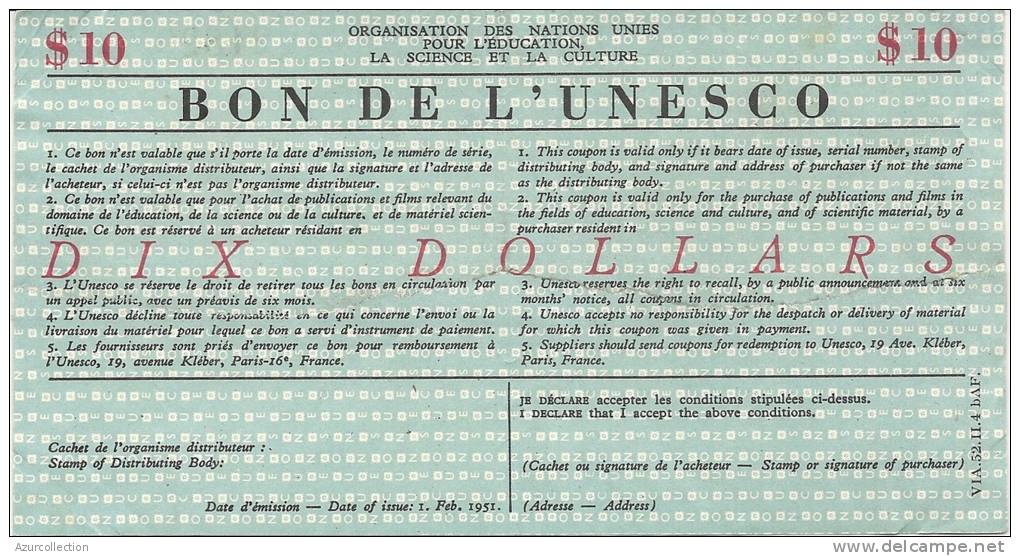 BON DE L'UNESCO . 10 DOLLARDS - Autres & Non Classés