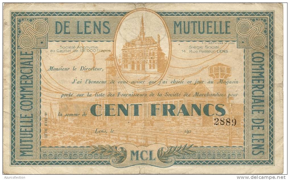 MUTUELLE DE LENS .100 FRANCS - Chambre De Commerce