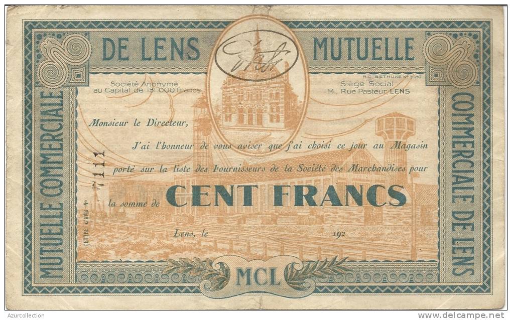 MUTUELLE DE LENS .100 FRANCS - Chambre De Commerce