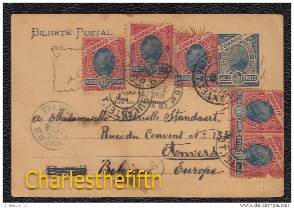 BRESIL ENTIER POSTAL - 3 X AMBULANT !! RIO ( Limeira ) Vers ANVERS 1903 ! Surchargé Yvert 79 - Sonstige & Ohne Zuordnung