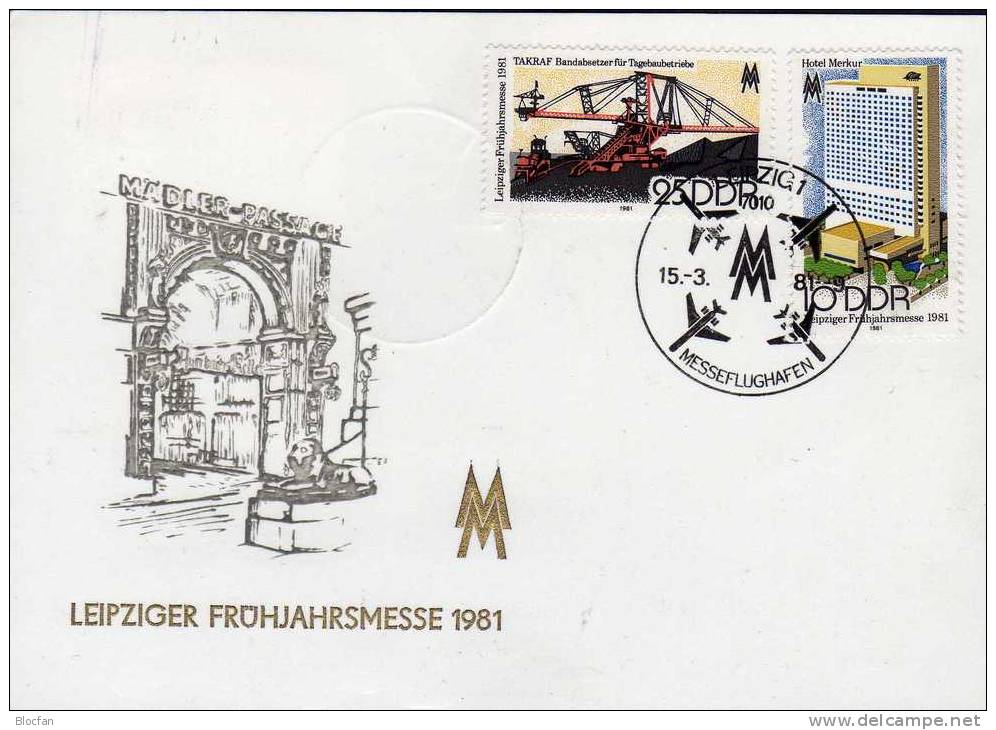 Souvenir Frühjahr-Messe 1981 DDR 2593/4 Auf Gedenkblatt SST 5€ Messe-Hotel Tagebau-Anlage Leipzig Fair Card Of Germany - Marchés