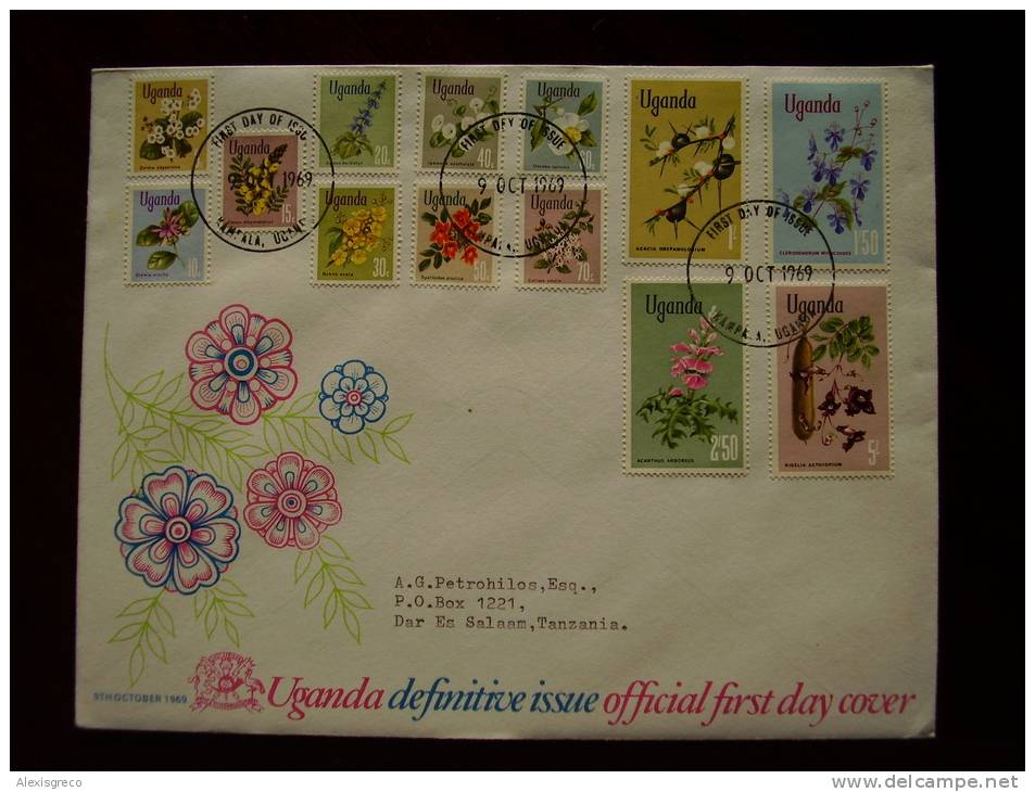 UGANDA 1969 FLOWERS Medium Set To 5/- OFFICIAL FDC (13stamps) - Ouganda (1962-...)