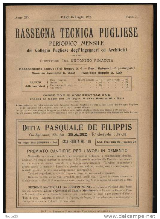 1915 RIVISTA CON FOTO LINEA FERROVIARIA BARI - GRUMO APPULA + ACQUEDOTTO PUGLIESE - Wetenschappelijke Teksten