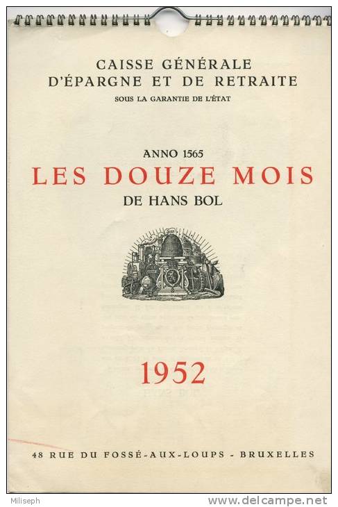 CALENDRIER De La CAISSE GENERALE D'EPARGNE ET DE RETRAITE - 1952 - Reproductions Du Peintre Hans BOL             (1440) - Agendas