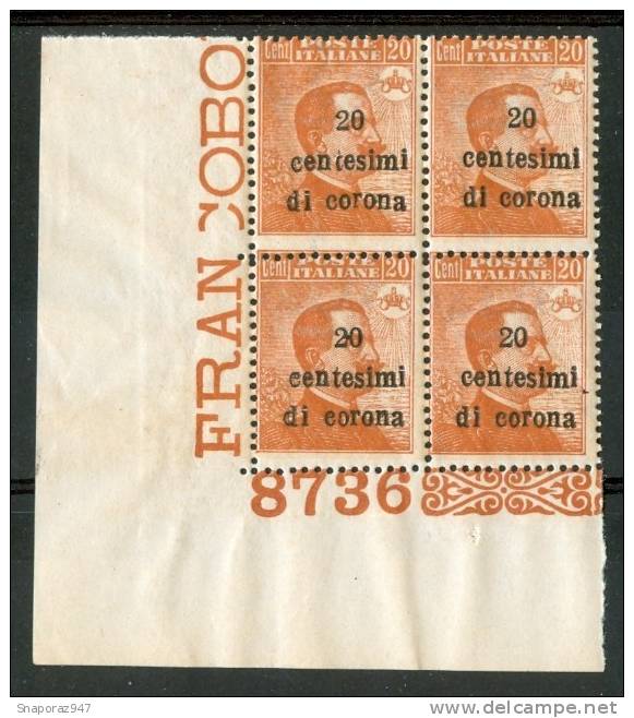 1919 Trento E Trieste 20c. Di Corona Quartina Con N° Di Tavola** - Trente & Trieste