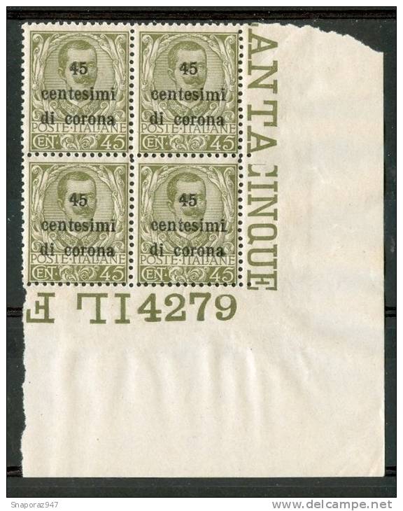 1919 Trento E Trieste 45c. Di Corona Quartina Con N° Di Tavola** - Trente & Trieste